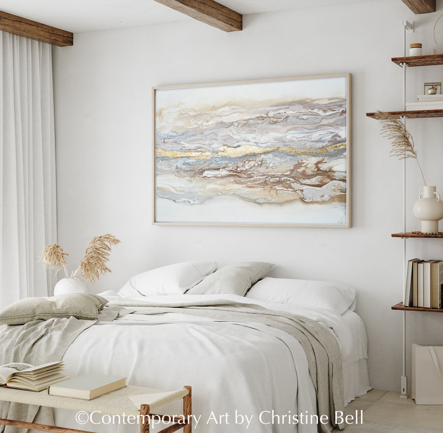 Fine Art Prints Neutral Abstract Paintings Minimalist Giclee Canvas Prints neutral artwork Coastal Wall Art bedroom decor Natural wood frame white gold leaf beige grey impressionist landscape seascape prints trade wholesale Artist Christine Bell