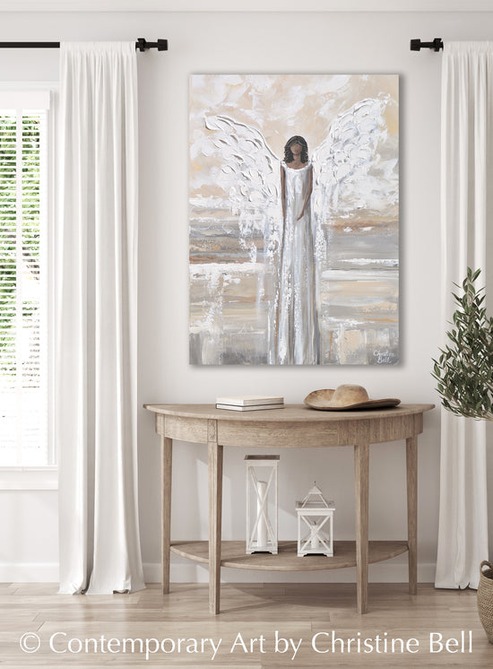 "Embracing Peace" GICLEE PRINT, Angel Painting, Modern Neutral Guardian Angel