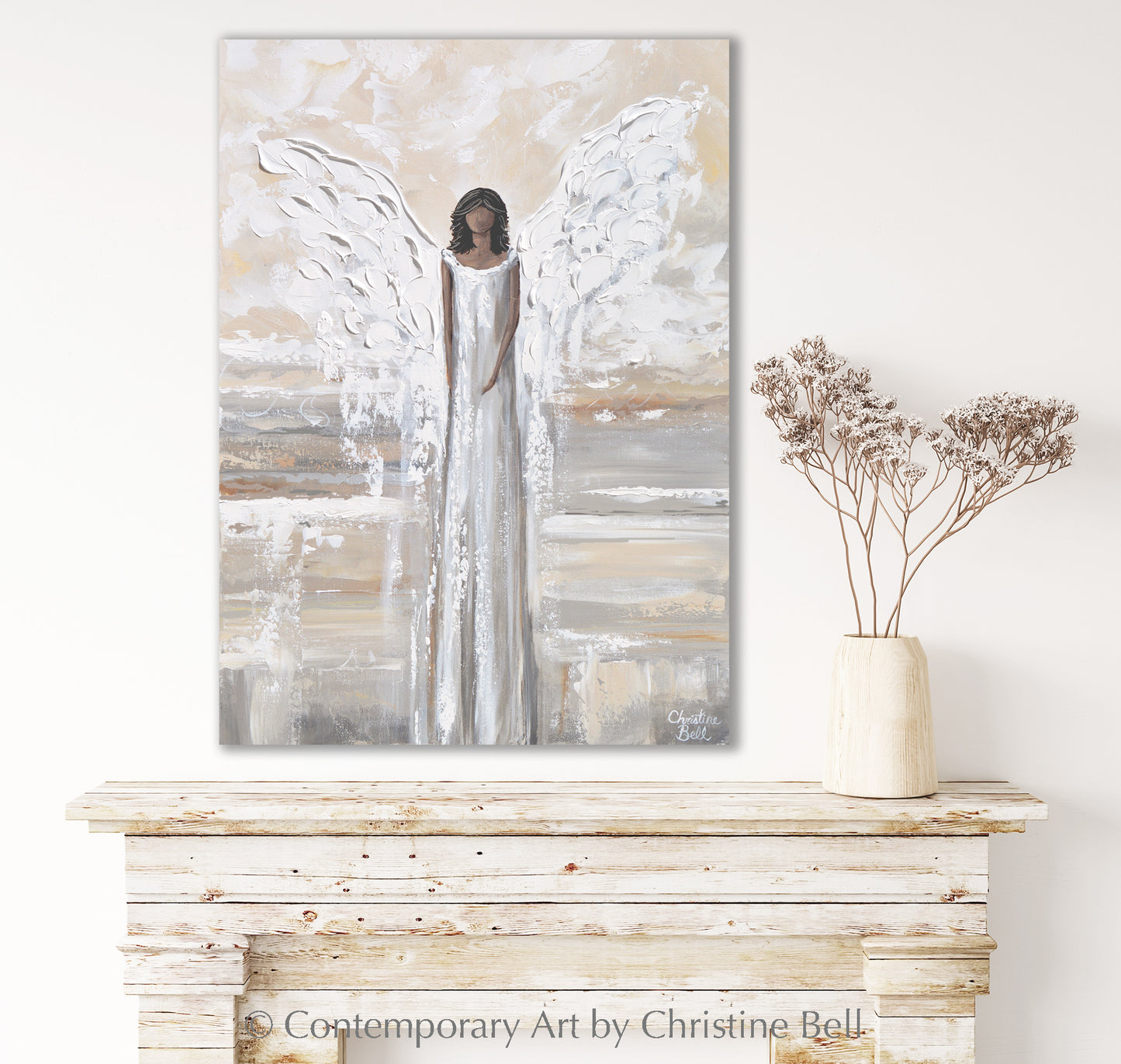 "Embracing Peace" GICLEE PRINT, Angel Painting, Modern Neutral Guardian Angel