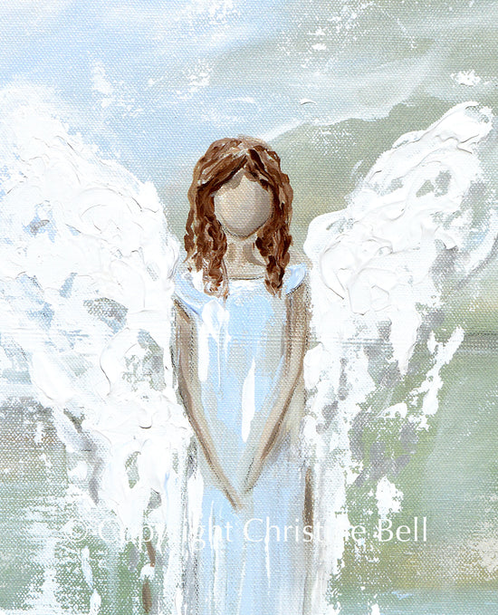 "Her Blessings" GICLEE PRINT, Angel Painting, Modern Blue Green Guardian Angel