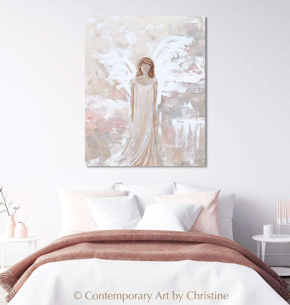 "Angel of Strength" ORIGINAL Angel Painting, Textured, Pink White Grey, 24x30"