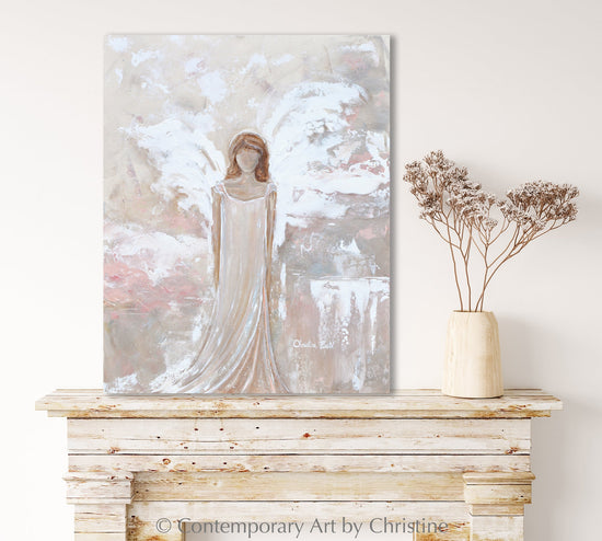 "Angel of Strength" ORIGINAL Angel Painting, Textured, Pink White Grey, 24x30"
