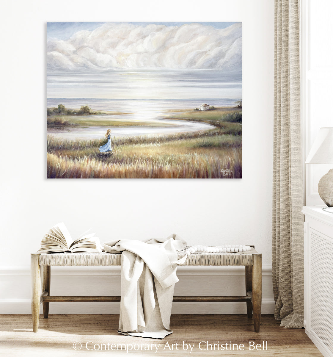 ORIGINAL Landscape Oil Painting Coastal Seascape Woman Girl Wall