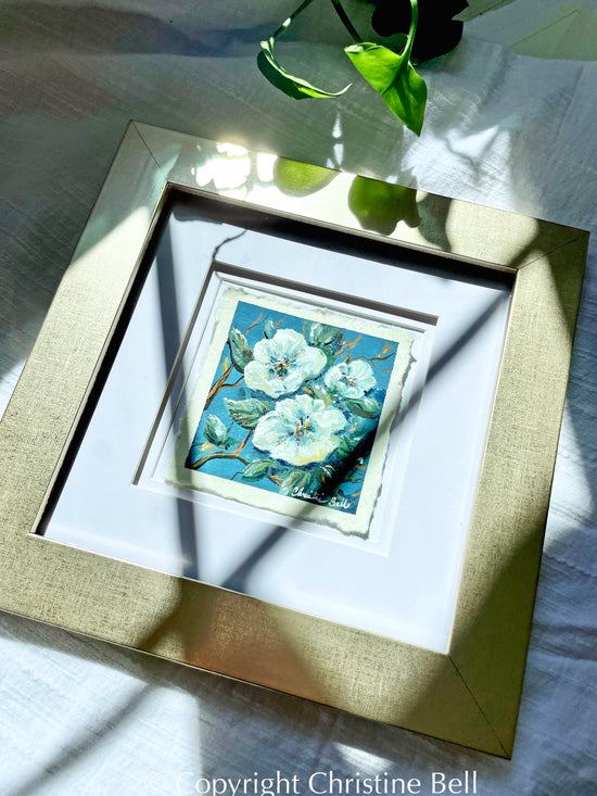 "Delicate Pear Blossoms" ORIGINAL PAINTING, White Flowers Floral, Deckled-Edge Paper, FRAMED 10x10"