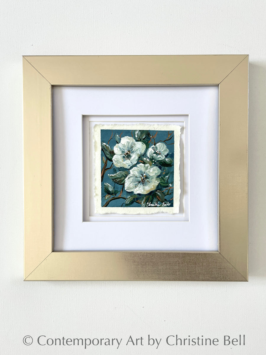 ORIGINAL Abstract Painting White Flowers Vintage Paper Framed Wall Art