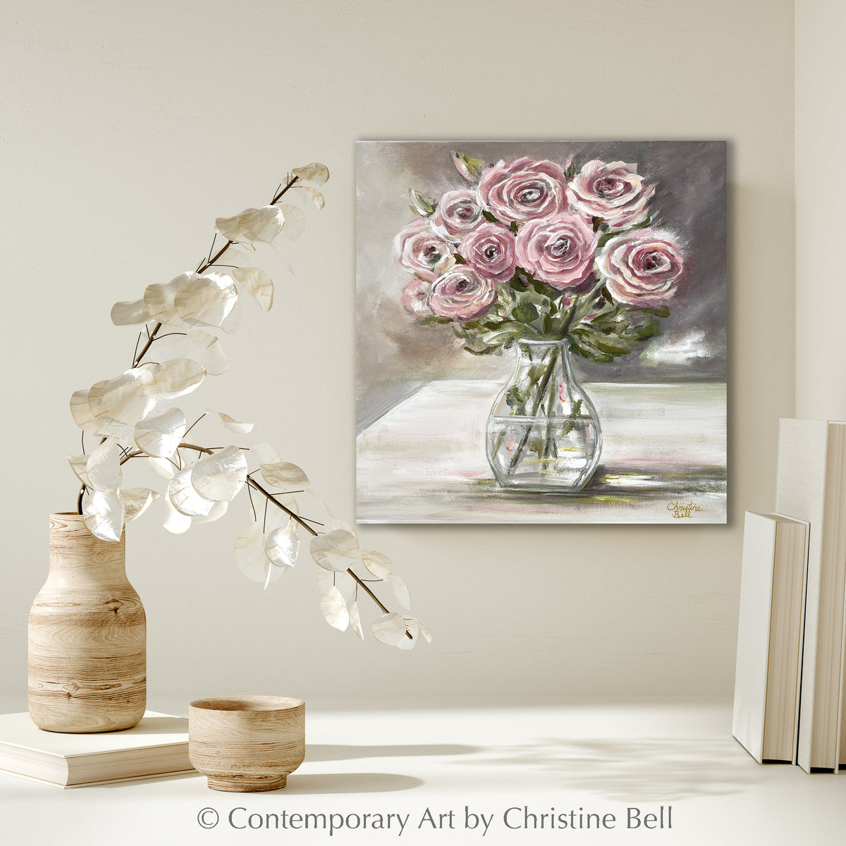 ORIGINAL Pink Roses Oil Painting Flower Bouquet White Wall Art Decor ...