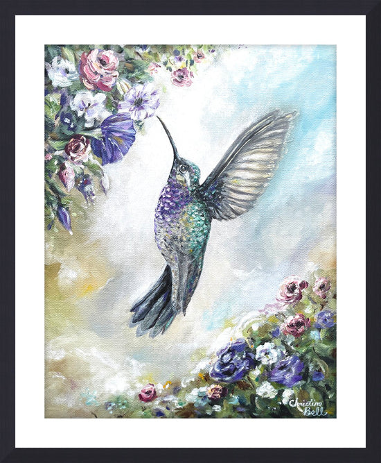 "Graceful Elegance" GICLÉE PRINT, Hummingbird Painting, Garden, Bird, Floral, Flowers, Framed