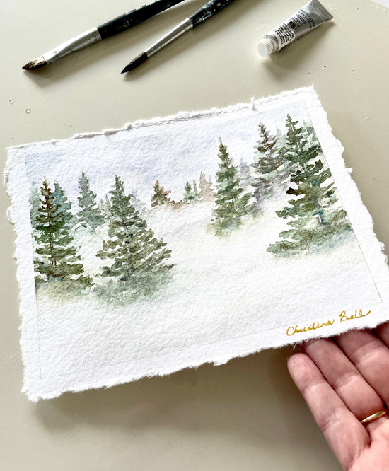 "Misty Forest V" ORIGINAL Pine Trees Landscape, Handmade Deckled-Edge Paper, Available Framed