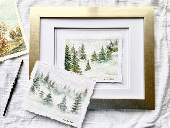 "Misty Forest II" ORIGINAL Pine Trees Landscape, Handmade Deckled-Edge Paper, Available Framed