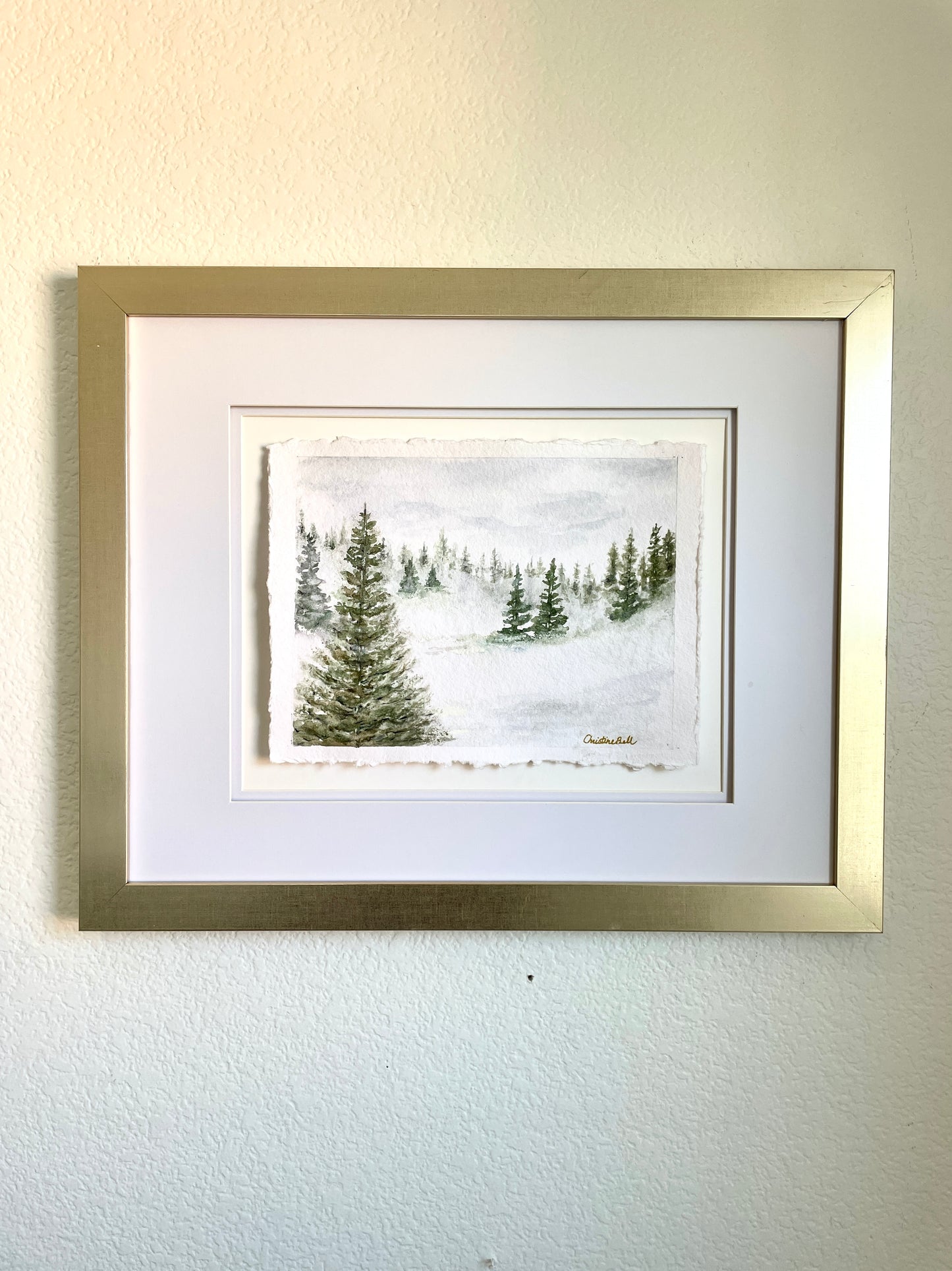 "Misty Forest VII" ORIGINAL Pine Trees Evergreen Landscape, Handmade Deckled-Edge Paper, Available Framed