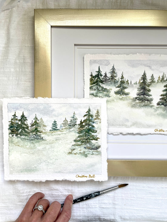 "Misty Forest III" ORIGINAL Pine Trees Landscape, Handmade Deckled-Edge Paper, Available Framed