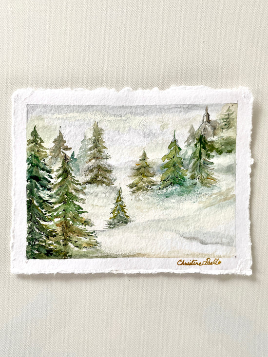 "Misty Forest I" ORIGINAL Pine Trees Landscape, Handmade Deckled-Edge Paper, Available Framed