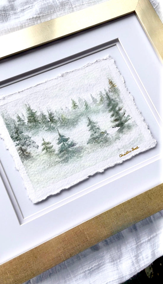 "Misty Forest II" ORIGINAL Pine Trees Landscape, Handmade Deckled-Edge Paper, Available Framed