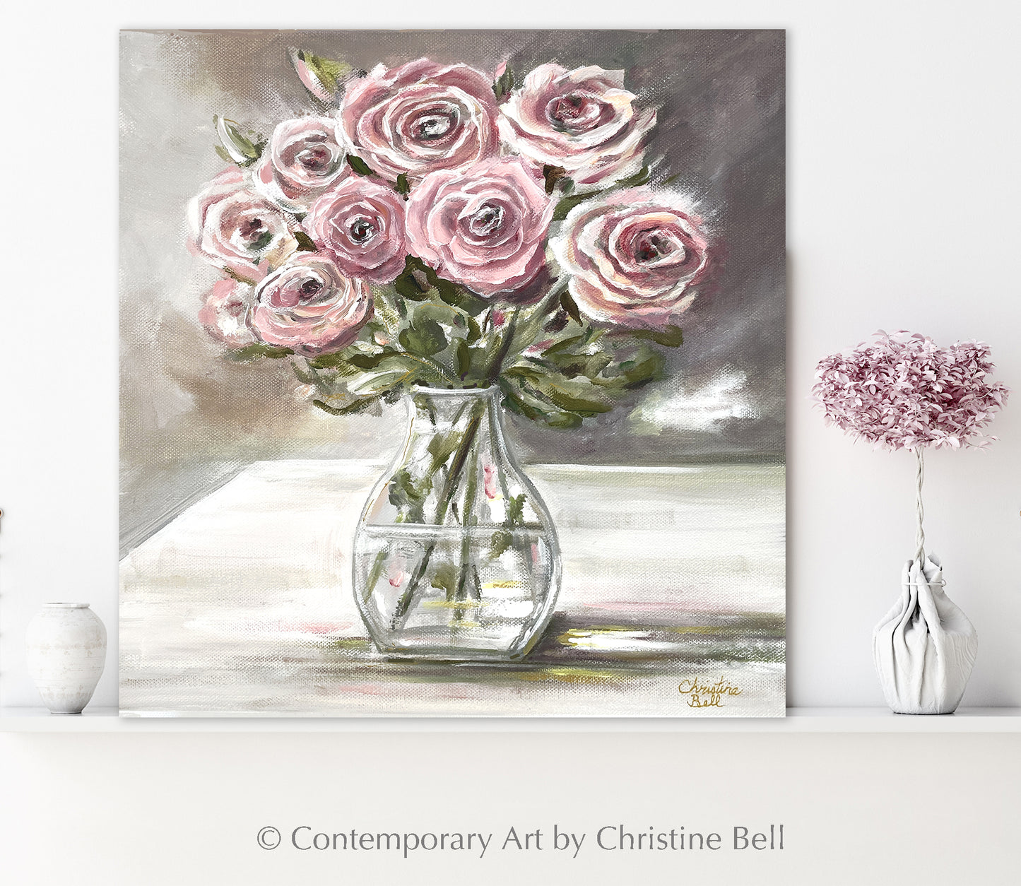 "Her Cherished Roses"" ORIGINAL FLORAL OIL PAINTING, Pink White Roses Flowers