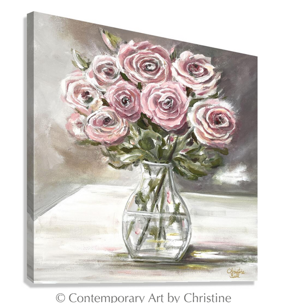 "Her Cherished Roses" GICLEE PRINT Pink Roses Painting, Floral Flowers Bouquet