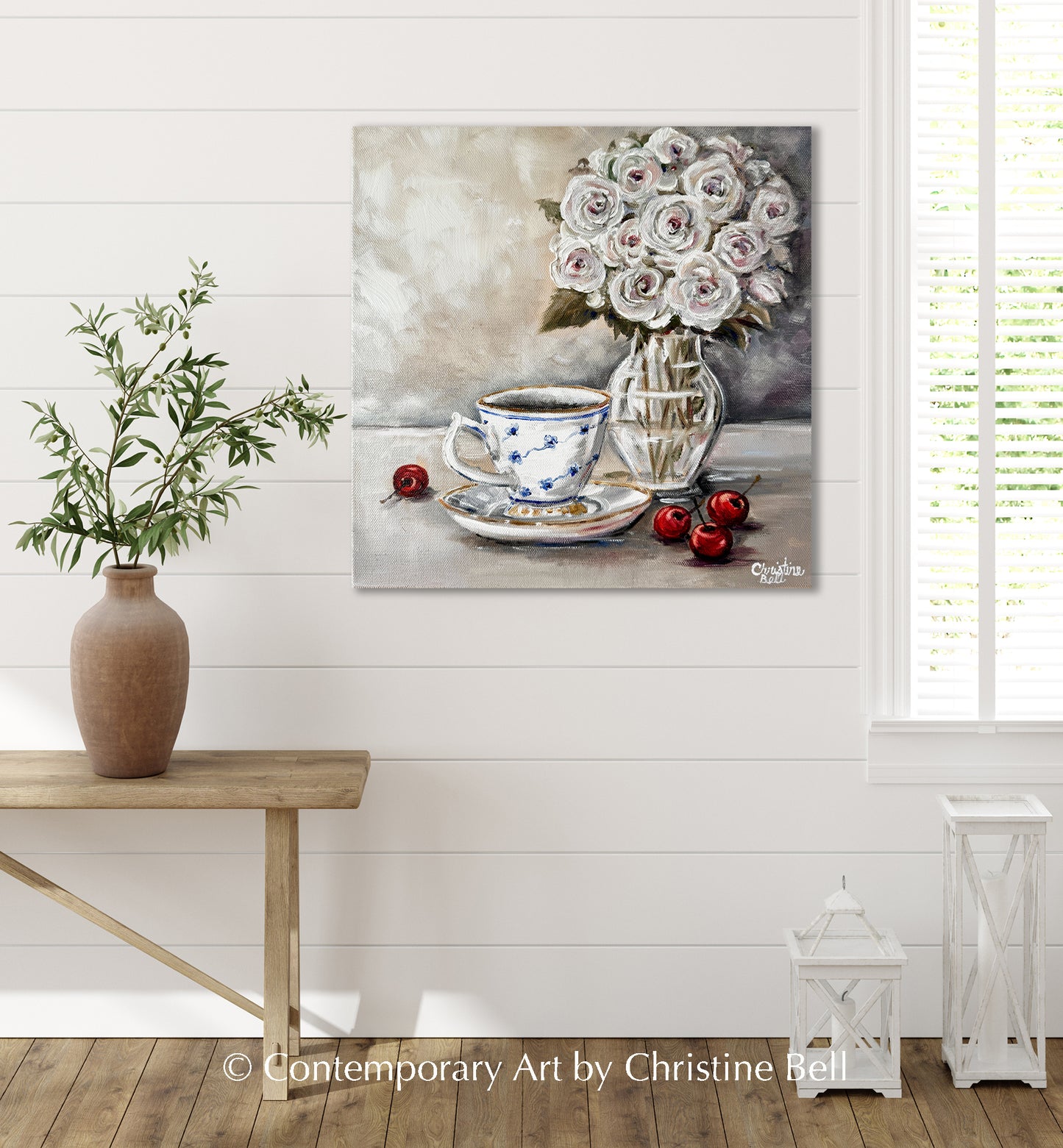 "Afternoon Tea" GICLEE PRINT Teacup Painting, Floral Flowers, Cherries, Still Life