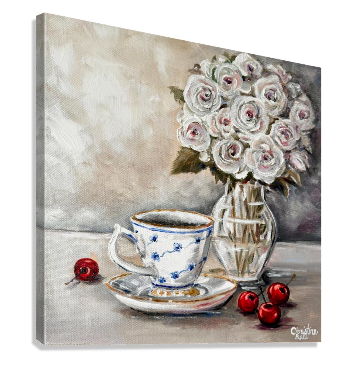 "Afternoon Tea" GICLEE PRINT Teacup Painting, Floral Flowers, Cherries, Still Life