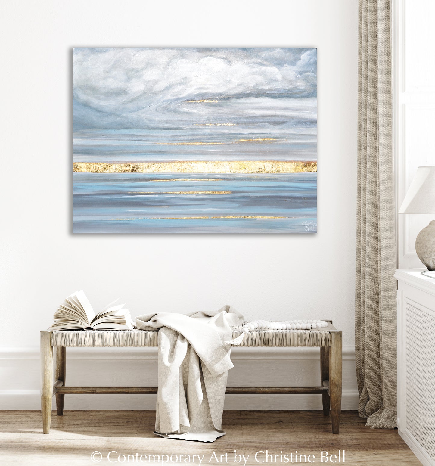 "Daybreak's Enchantment" Giclée Print, Modern Coastal Seascape, Clouds, Gold Leaf
