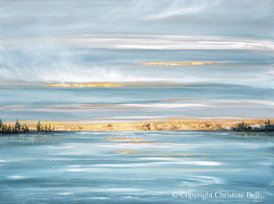 "In the Stillness Light is Found" ORIGINAL Painting, Seascape Landscape with Gold Leaf, 40x30"