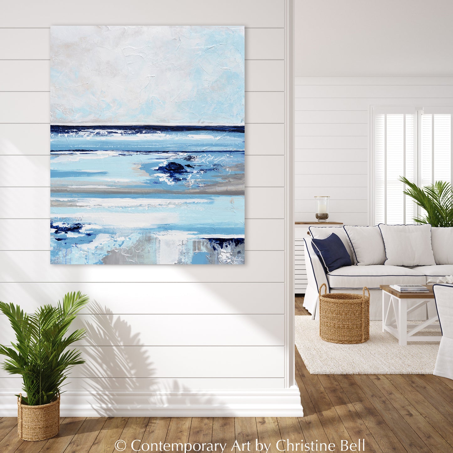 "Exhale II" GICLEE PRINT Abstract Painting Navy Light Blue White Beige Grey Coastal Seascape Canvas Wall Art