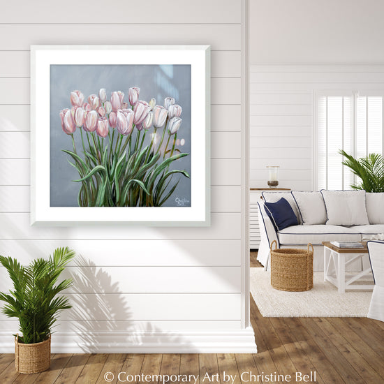 "Tip Toe Through the Tulips" GICLEE PRINT Pink Tulips Painting, Floral Flowers