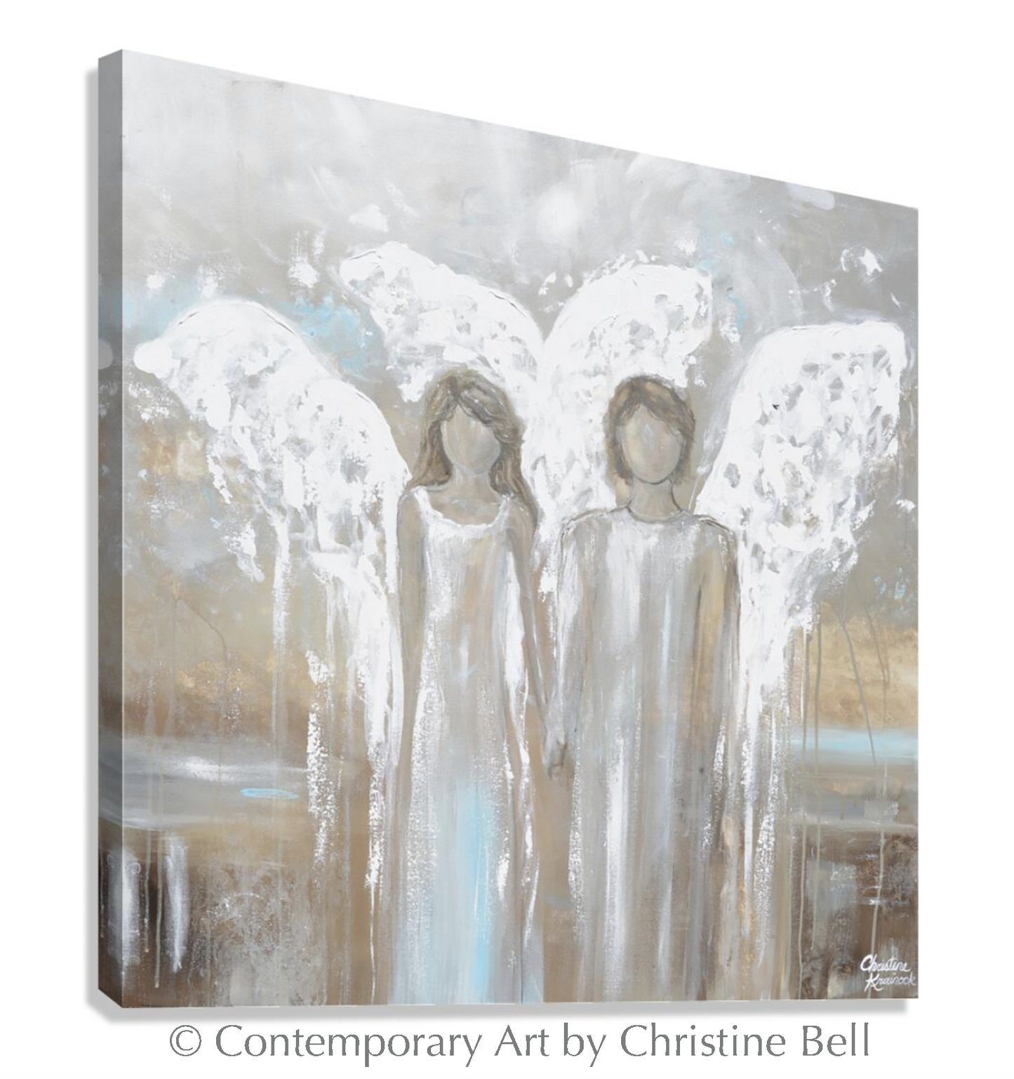 "Always Yours" GICLEE PRINT Abstract Angel Painting Pair of 2 Angels Holding Hands Grey White Blue Wall Art