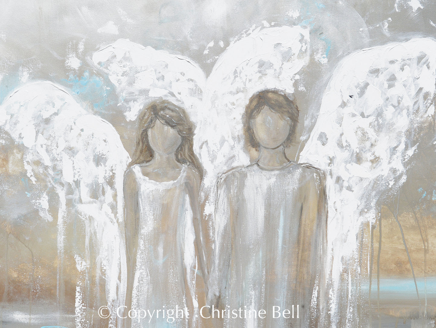 "Always Yours" GICLEE PRINT Abstract Angel Painting Pair of 2 Angels Holding Hands Grey White Blue Wall Art