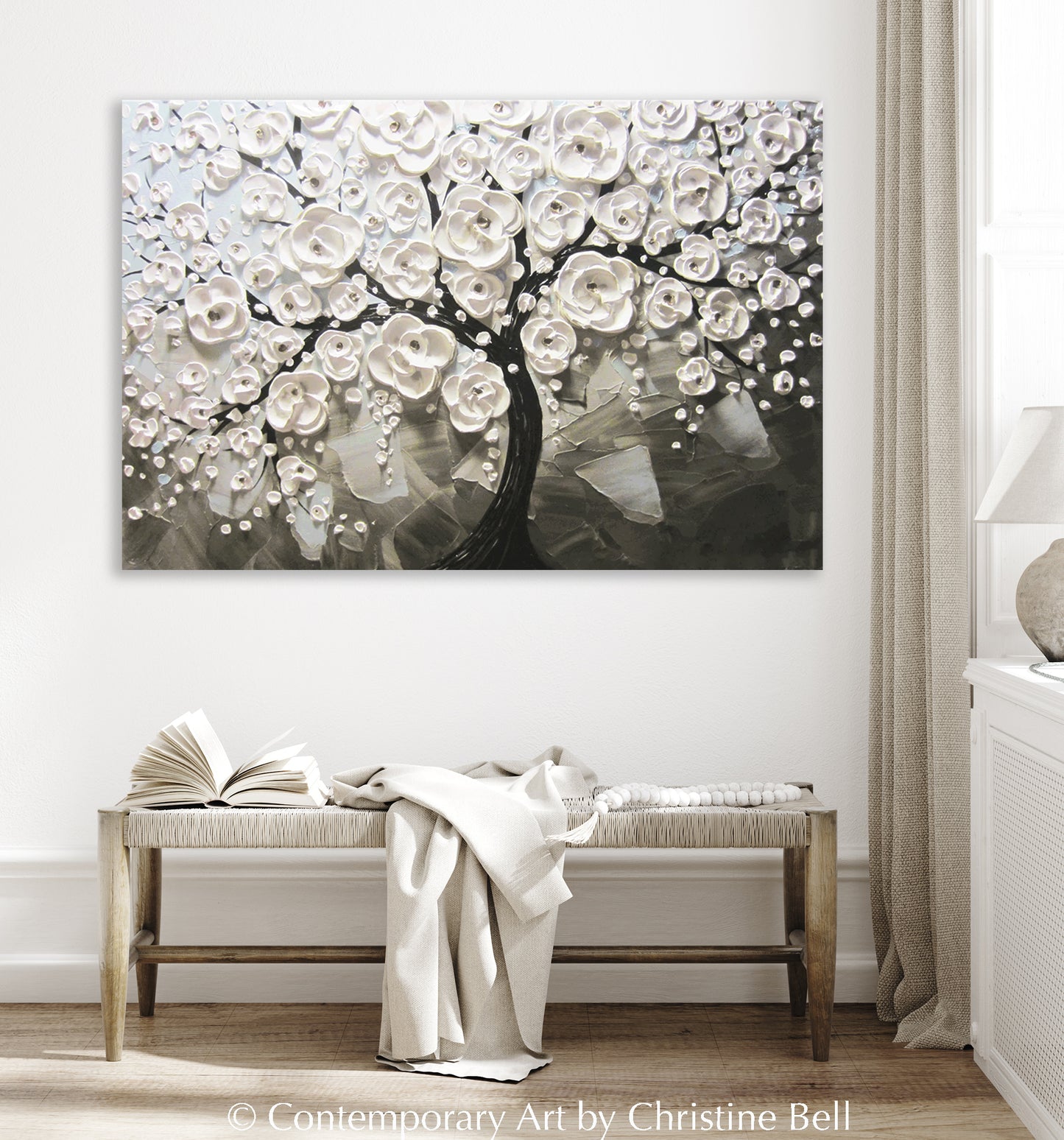 Original Art Abstract Painting White Flowering Cherry Tree Textured Blue Grey Taupe