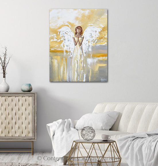 "Bringing Light and Hope" ORIGINAL Abstract Angel Painting Guardian Angel Gold Leaf White Grey 24x30"