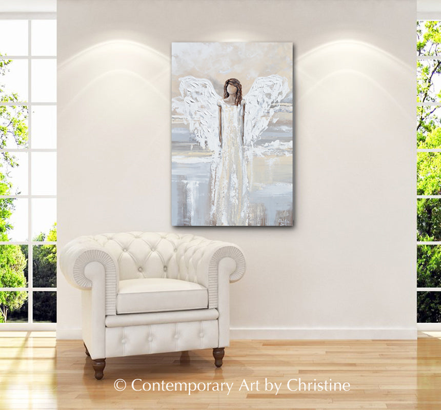"My Gift of Love" ORIGINAL Abstract Angel Painting Elegant Guardian Angel Cream White 24x36"