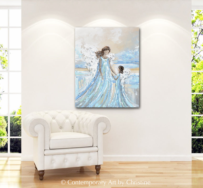 "Together with You Always" ORIGINAL Abstract Angel Painting 2 Guardian Angels Mother Child / Sisters 24x30"