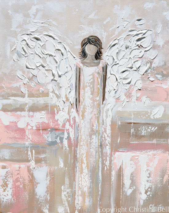 "Cherished Angel" ORIGINAL Abstract Angel Painting Guardian Angel Beige Pink White 24x30"