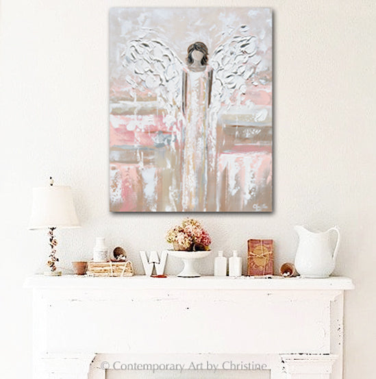 "Cherished Angel" ORIGINAL Abstract Angel Painting Guardian Angel Beige Pink White 24x30"
