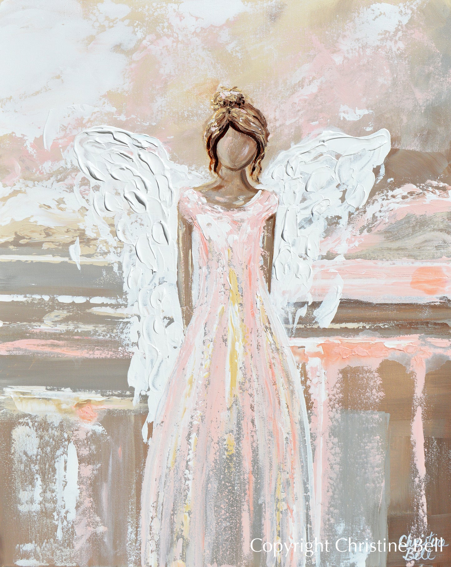 "Everlasting Love" ORIGINAL Abstract Angel Painting Guardian Angel Pink White Beige 24x30"
