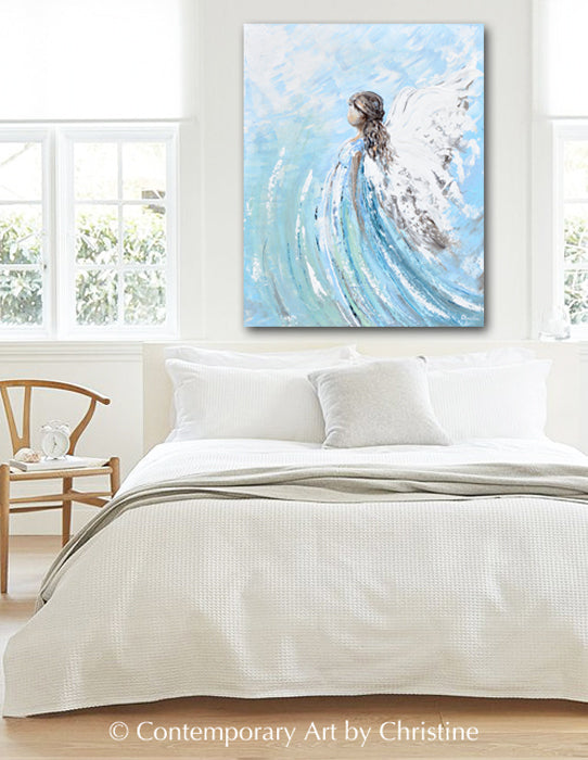 "Lifted by Grace" ORIGINAL Abstract Angel Painting Modern Guardian Angel Wall Art Blue White 24x30"