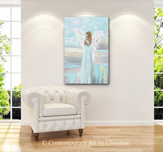 "Prayers of Hope" ORIGINAL Abstract Angel Painting Elegant Guardian Angel Cream White 24x36"