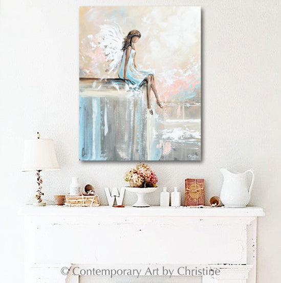 "Forever Watching Over" ORIGINAL Abstract Angel Painting Sweet Guardian Angel Sitting Protecting 24x30"