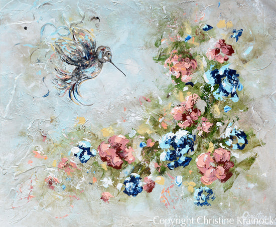 ORIGINAL Art Abstract Floral Painting Hummingbird Textured Navy Blue White Grey Pink Flowers Wall Art Home Decor 24x20"