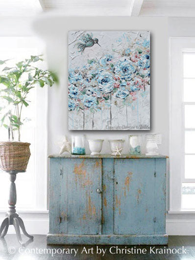 ORIGINAL Art Abstract Hummingbird Painting Light Blue Teal White Grey Pink Flowers Floral Wall Art Home Decor 20x24"