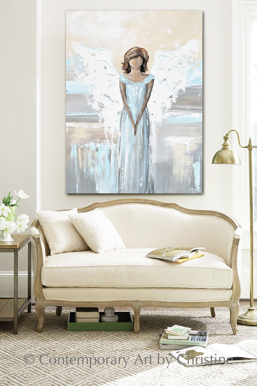 "Her Protecting Love is with You" ORIGINAL Abstract Angel Painting Elegant Guardian Angel Blue White 30x40"
