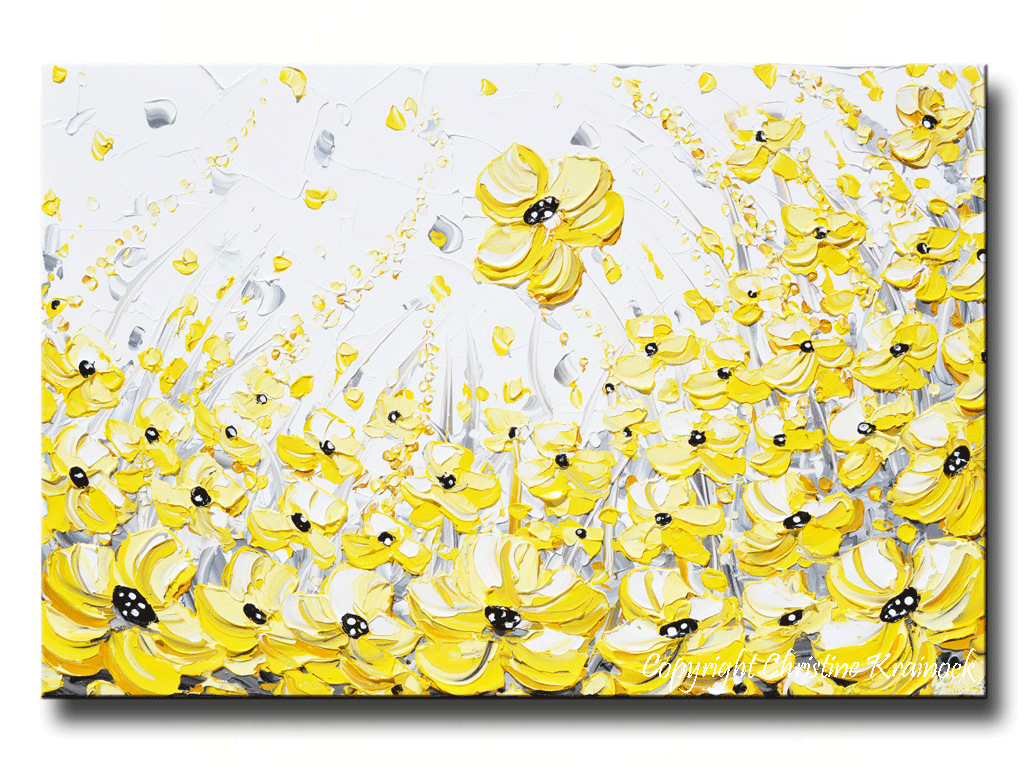 CUSTOM Original Art Yellow Grey Abstract Painting White Gold Poppy Floral Modern Coastal Wall Art - Christine Krainock Art - Contemporary Art by Christine - 3