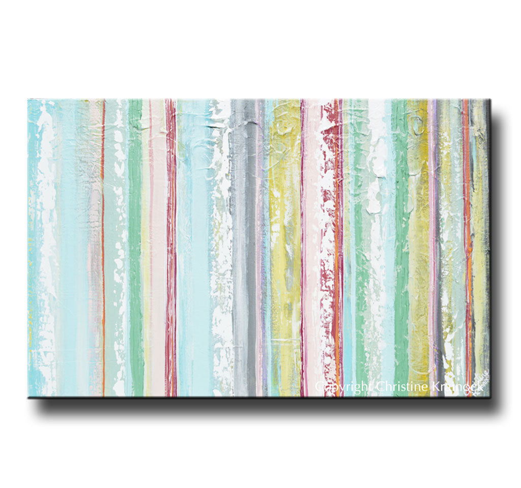 ORIGINAL Art Abstract Painting Yellow Turquoise Blue Pink Stripes Textured Modern Wall Decor 36x24"