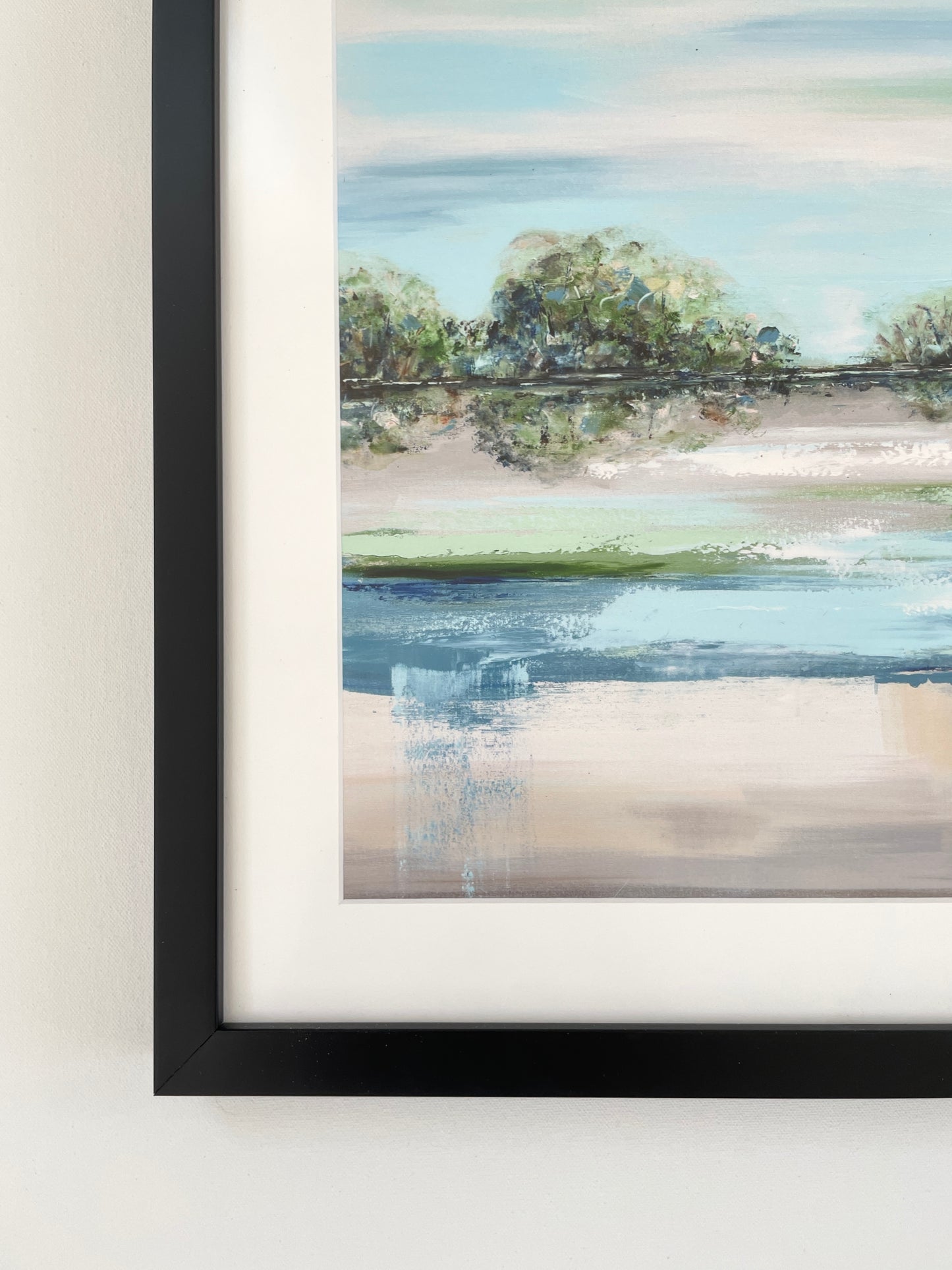 "Morning Meditation" FRAMED GICLEE PRINT Art Coastal Abstract Painting Blue Green Grey Modern Landscape Trees