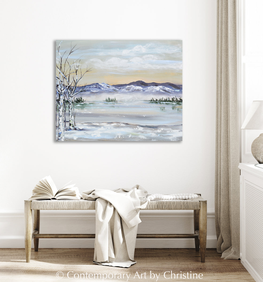 ORIGINAL Landscape Painting Winter Snow Mountain Birch Tree Wall Decor ...