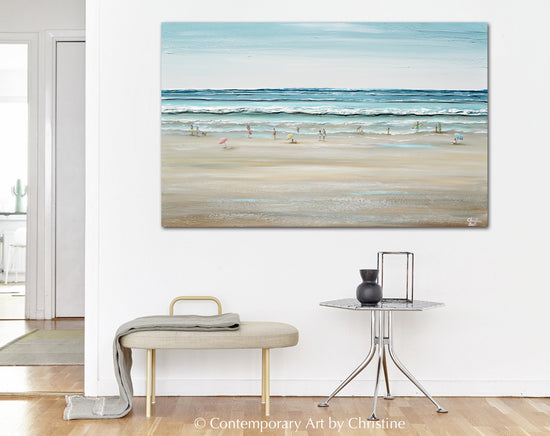 "Seas the Day" ORIGINAL Art Coastal Abstract Painting Textured Ocean Waves Figurative Beach Goers Blue White 48x30"