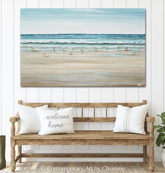 "Seas the Day" ORIGINAL Art Coastal Abstract Painting Textured Ocean Waves Figurative Beach Goers Blue White 48x30"