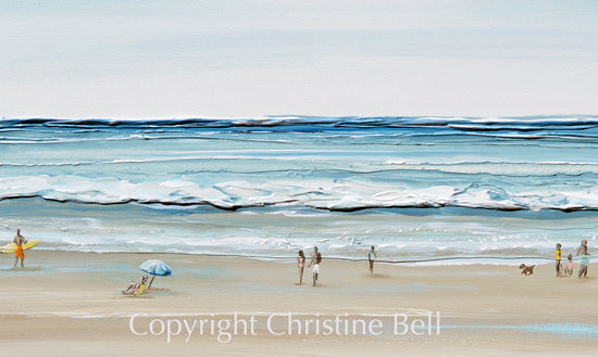 "Beach Day" ORIGINAL Art Coastal Abstract Painting Textured Ocean Waves Figurative Beach Goers Blue White 30x30"