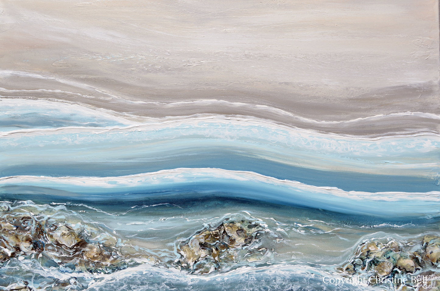 "Laguna Cove" ORIGINAL Art Coastal Abstract Painting Textured Ocean Waves Rocks Aerial Beach Turquoise Blue 36x24"