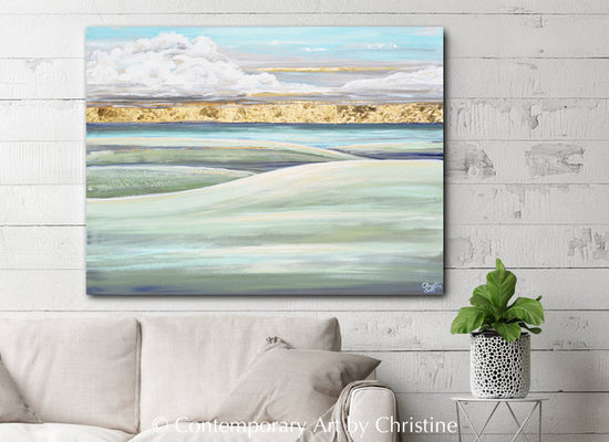 "Hope on the Horizon" ORIGINAL Art Coastal Abstract Landscape Painting Sunrise Hills Ocean Lake Gold Leaf 40x30"