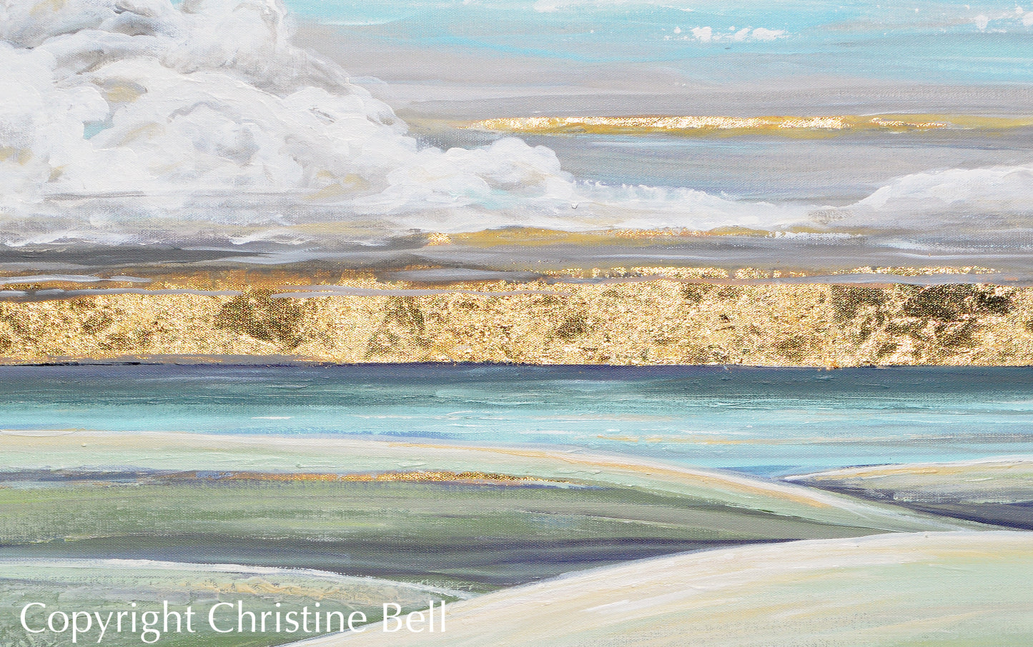 "Hope on the Horizon" ORIGINAL Art Coastal Abstract Landscape Painting Sunrise Hills Ocean Lake Gold Leaf 40x30"
